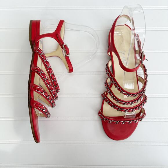 Chanel Red Leather CC Chain Sandals Four Strap Ankle Gladiator 38 - Picture 2 of 14